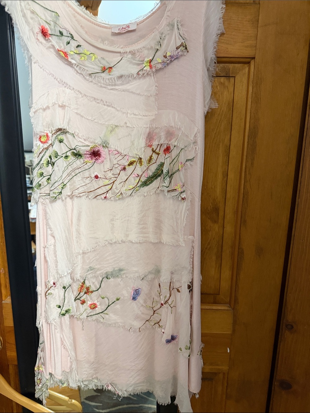 Embroidered Light Pink Midi Dress with Floral Appliqué